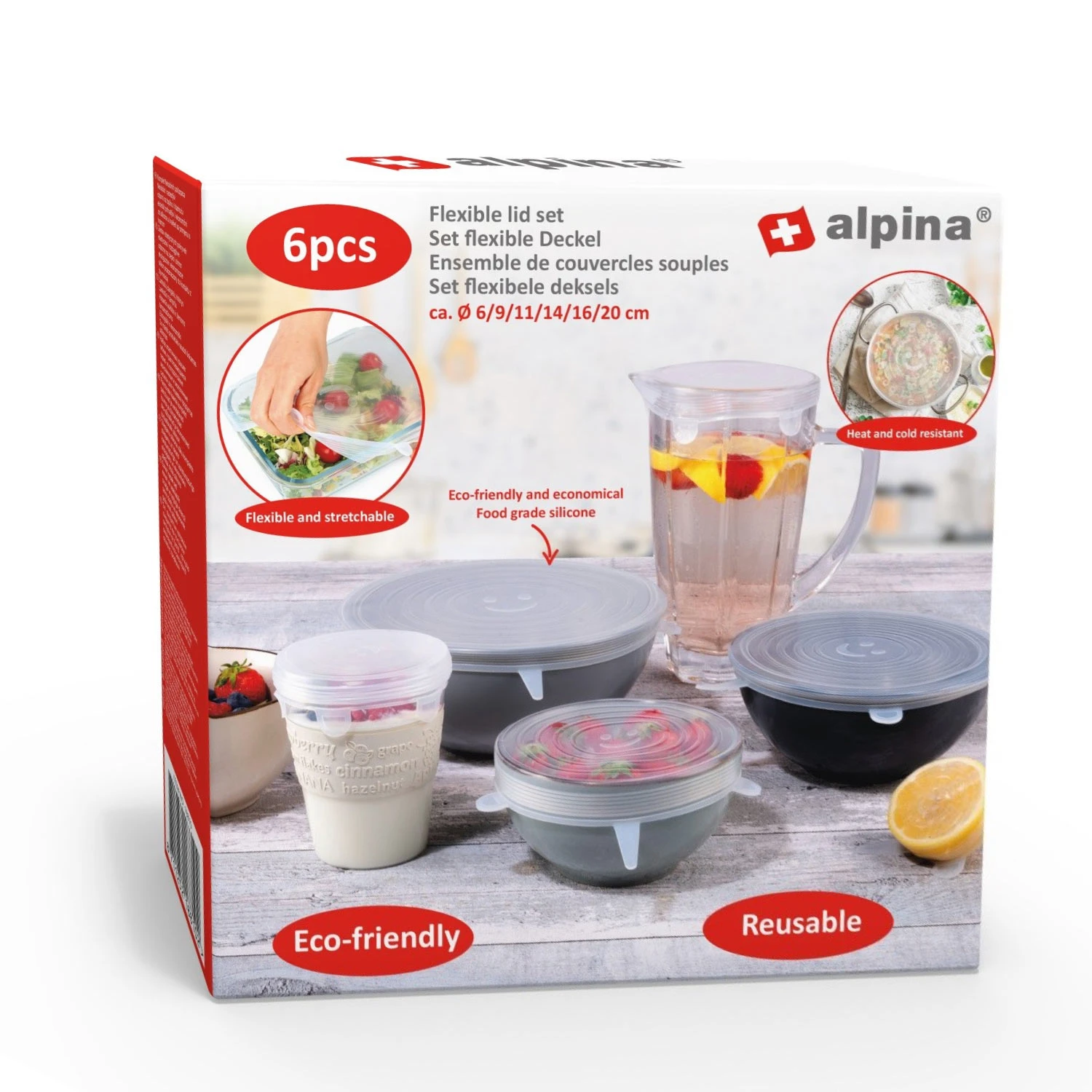 Alpina Herbruikbare Siliconen Deksels 6 Stuks Diameter 6/9/11/14/16/20 Cm 1 Alpina Herbruikbare Siliconen Deksels 6 Stuks Diameter 6/9/11/14/16/20 Cm